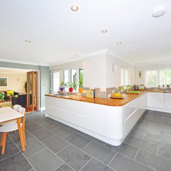 modern kitchen with grey tiles