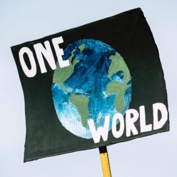 Climate Change Protest Sign Showing The Earth and the Words One World