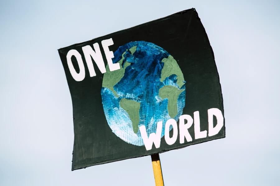 Climate Change Protest Sign Showing The Earth and the Words One World