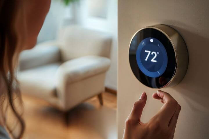 woman changing thermostat on wall
